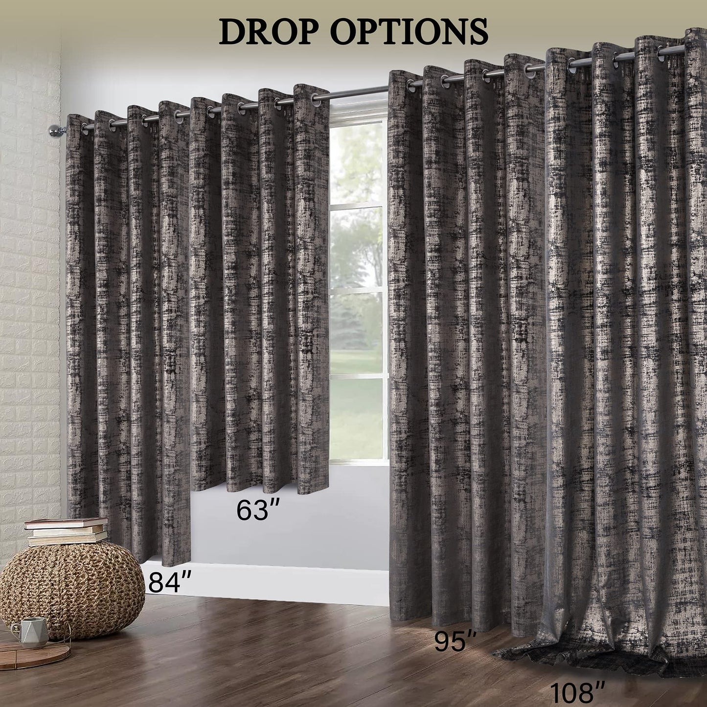 always4u Soft Velvet Curtains 108 Inch Length Long Luxury Bedroom Curtains Gold Foil Print Window Treatments for Living Room Set of 2 Charcoal Grey