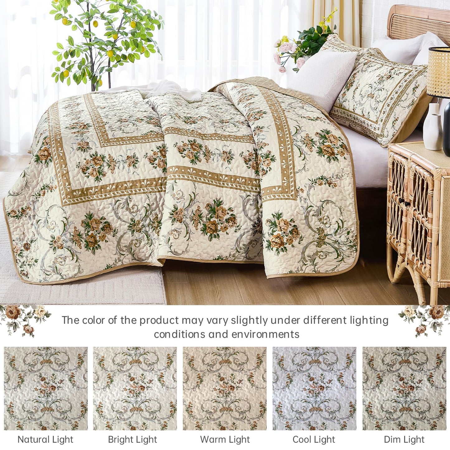 Anibedding Floral Quilt Set King Size, Retro Brown Flower Pattern Quilts Bedspread,Soft Microfiber Lightweight Bed Cover for All Season(King, 104"x90")
