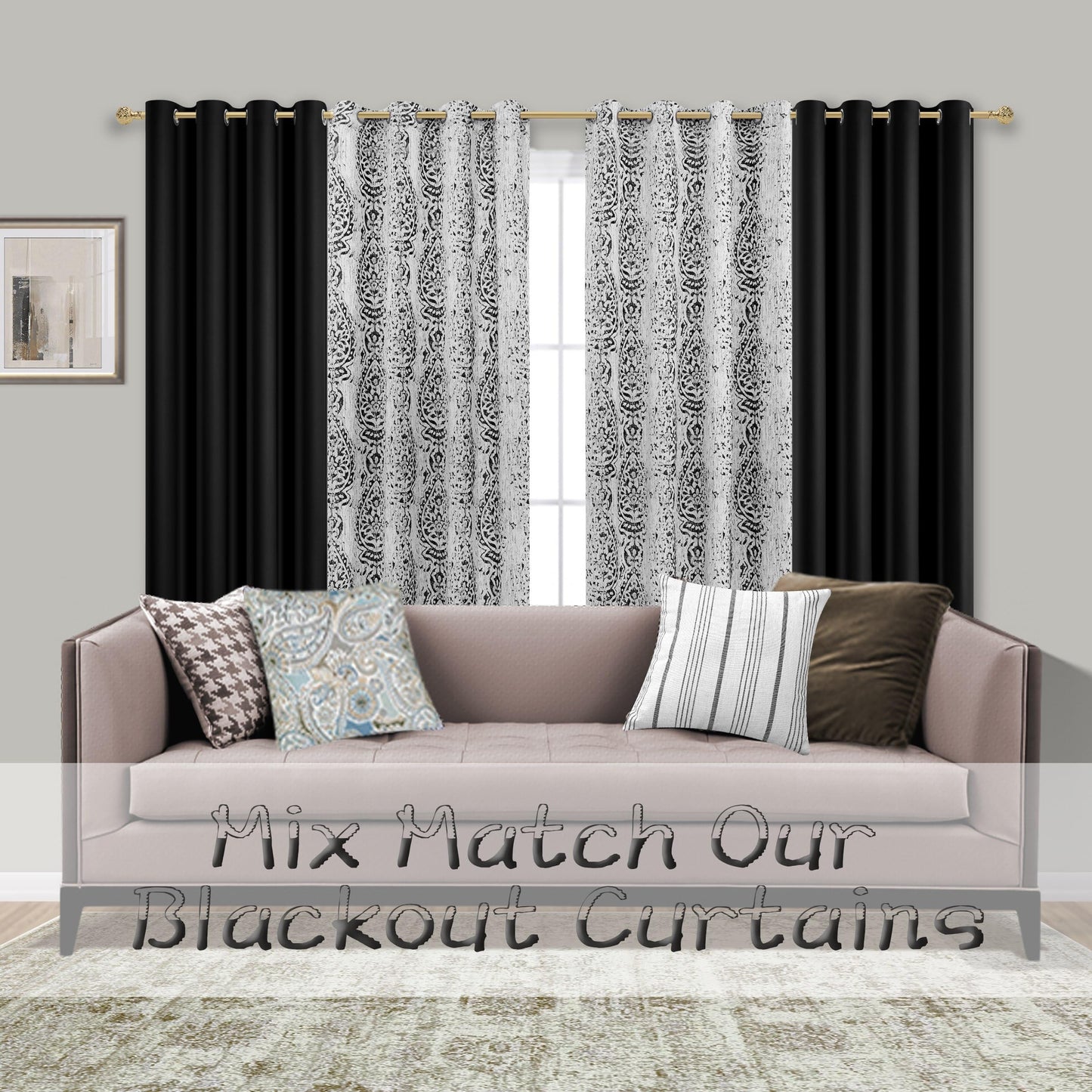 Black and Grey Cream Living Room Curtains 84 Inches Long Damask Patterned Dark Light Blocking Window Treatments Room Curtains Drapes for Bedroom,52x84 Inch Length 2 Panels Set