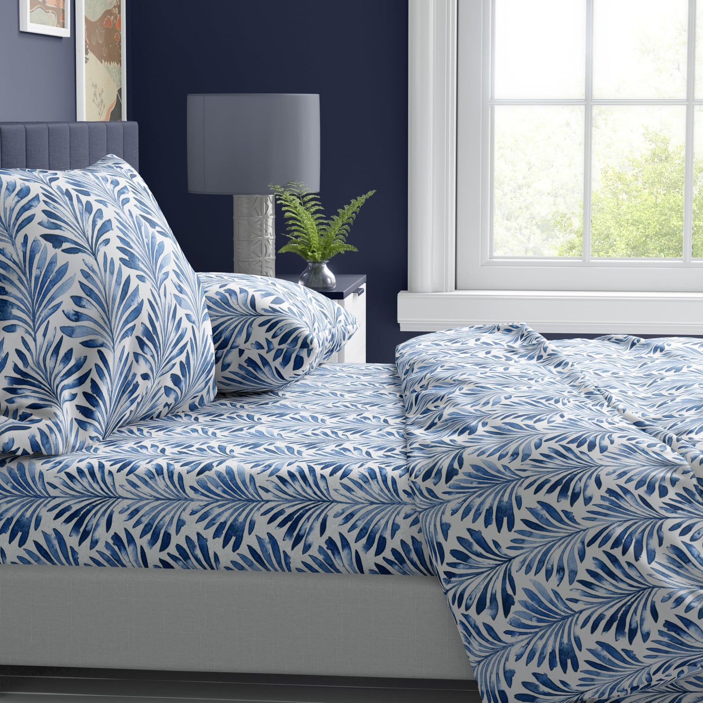 Where The Polka Dots Roam Blue Indigo Palms Floral Bedsheet Queen Size, Super Soft Wrinkle Resistant Tropical Leaves Pattern Bedding Set, Vibrant Solid Print All-Season Bed Sheets for Girls, Teens
