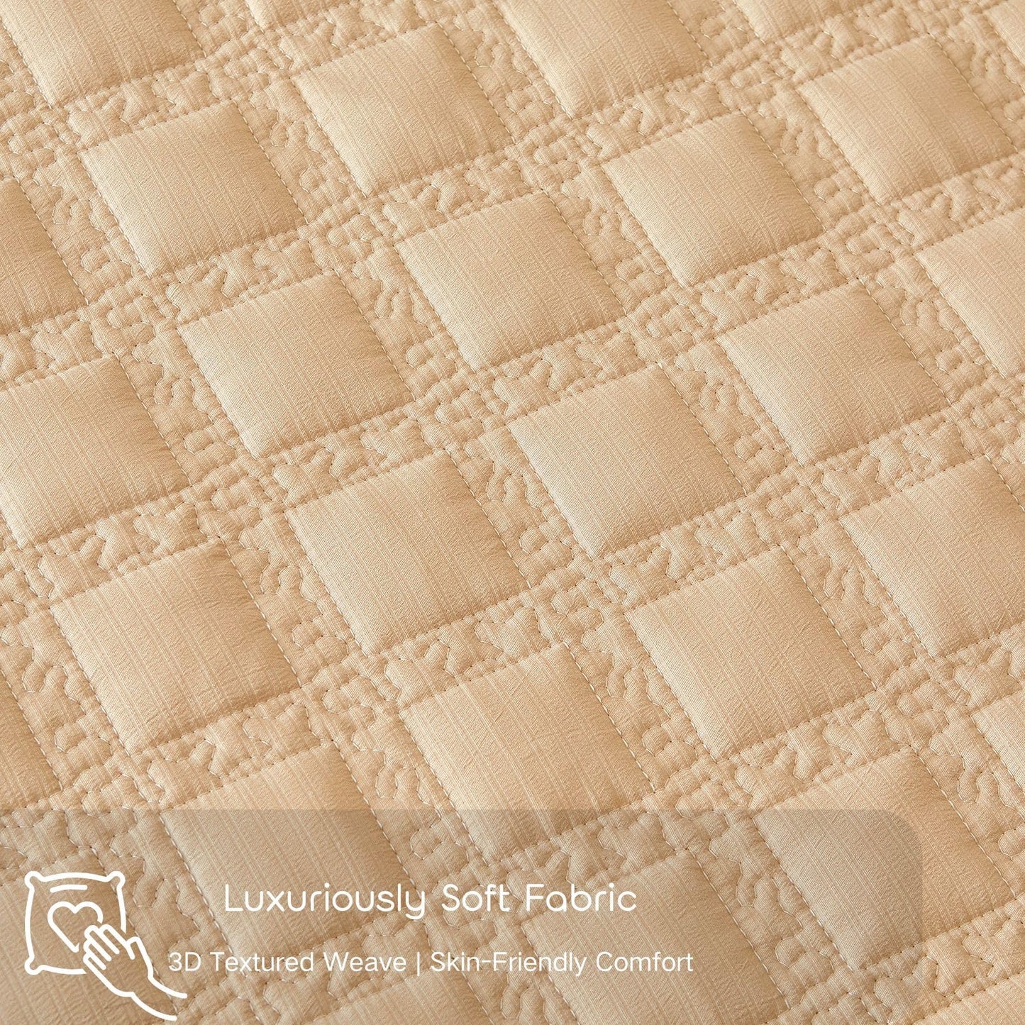 ZIQINPSQ Gingham Fitted Sheet Queen Size, 18" Deep Pocket Breathable Quilted Cotton Bed Sheet, Non-Pilling Wrinkle Resistant All-Season Mattress Cover with Pillowease, Khaki