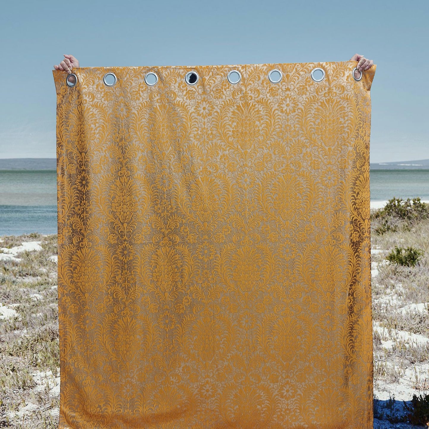 always4u 100% Blackout Damask Foil Print Yellow and Gold Ridged Velvet Curtains 95 Inches Long Drapes 2 Panels Shiny Metallic Window 54 * 95 Inches