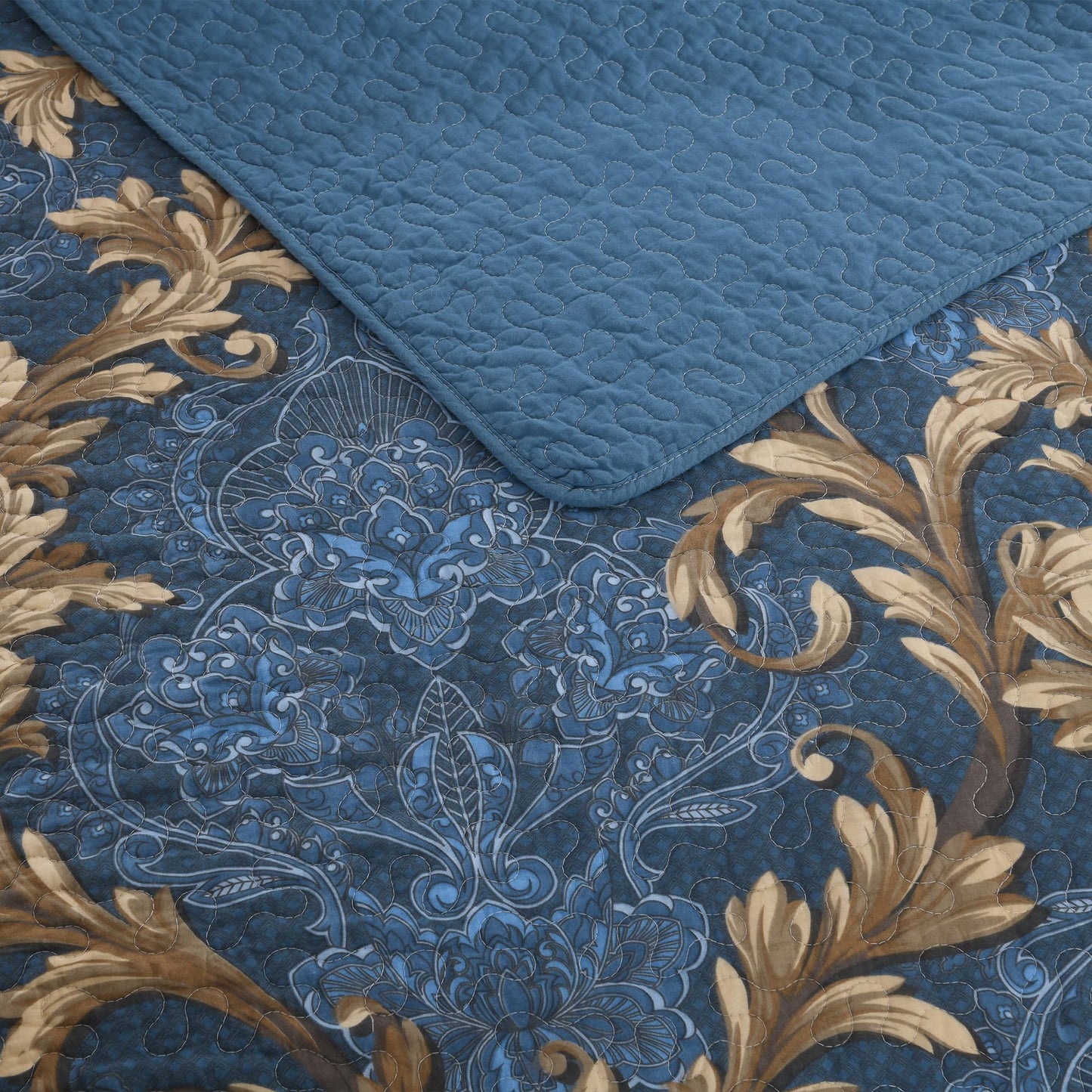 BCOTTOND King Size Quilt Set - Blue and Brown Quilt King, 100% Cotton Damask Bedspread Set 3 Piece, Classic Elegant Lightweight Comforter, Reversible Quilt Bedding Set for All Season