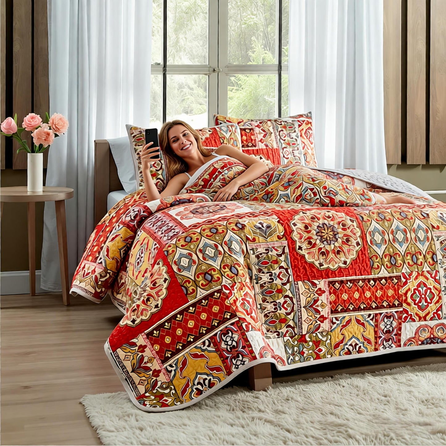 Floral Boho Quilts Queen Size Bedding Set Orange 3 Pieces Farmhouse Botanical Summer Bedspreads with 2 Shams Soft Reversible Lightweight Breathable Coverlet Set for All Season (Orange Boho, King)