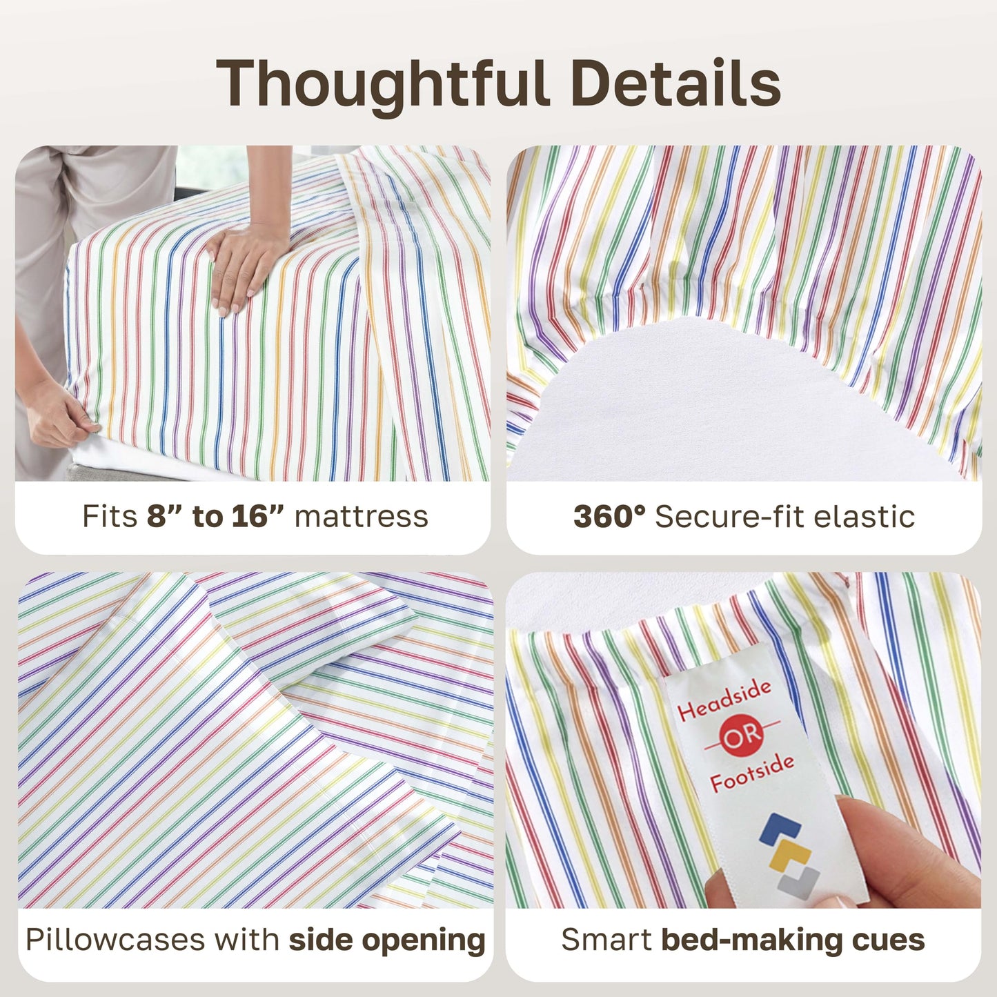 California Design Den Soft Queen Size 100% Cotton Sheet Sets, 400 TC Good Housekeeping Award Winner, Smooth Sateen Finish with Deep Pockets, Cozy and Durable Queen Bedding Set - Rainbow Stripe