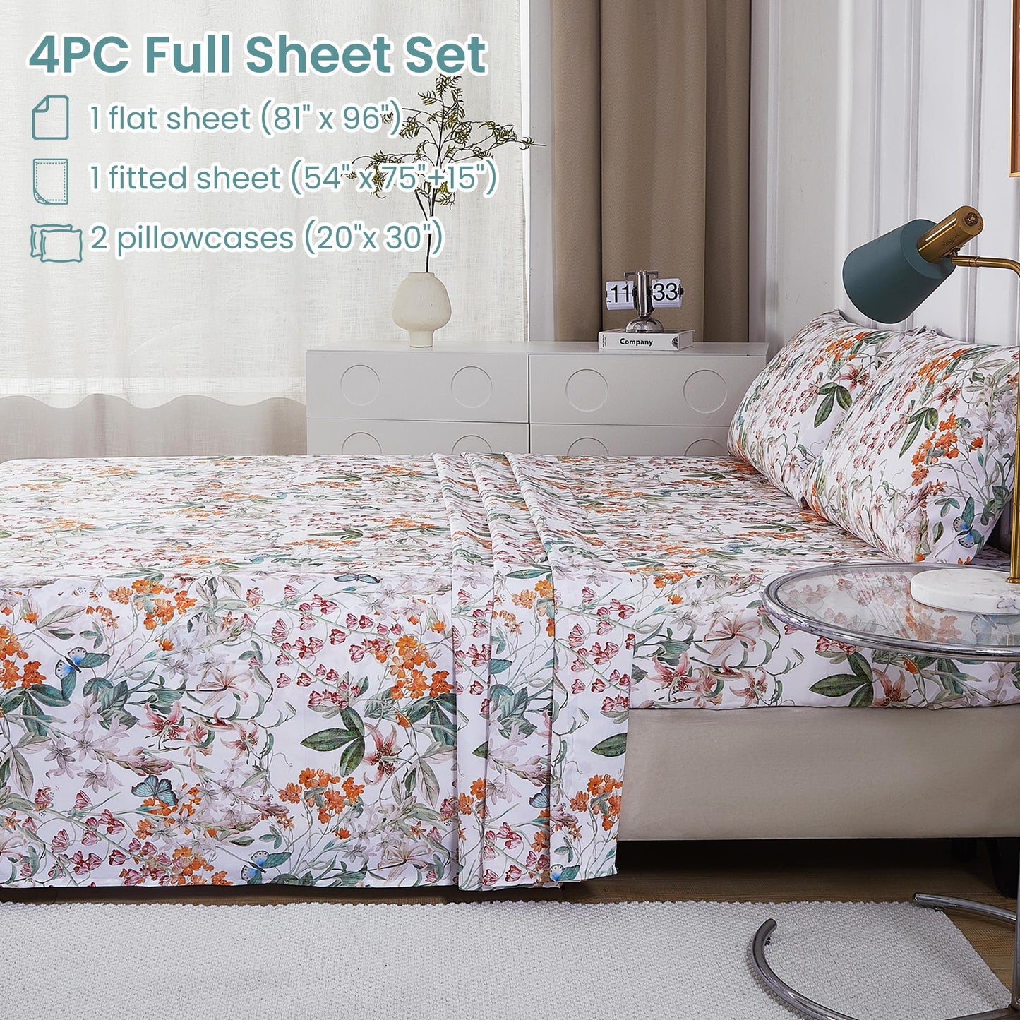 Softan Green Floral Full Sheet Set, Cozy Microfiber Butterfly Printed Fitted Bed Sheet with 15" Deep Pockets & Non-Slip Straps, Cute Girls Patterned Double Sheets & Pillowcase Set