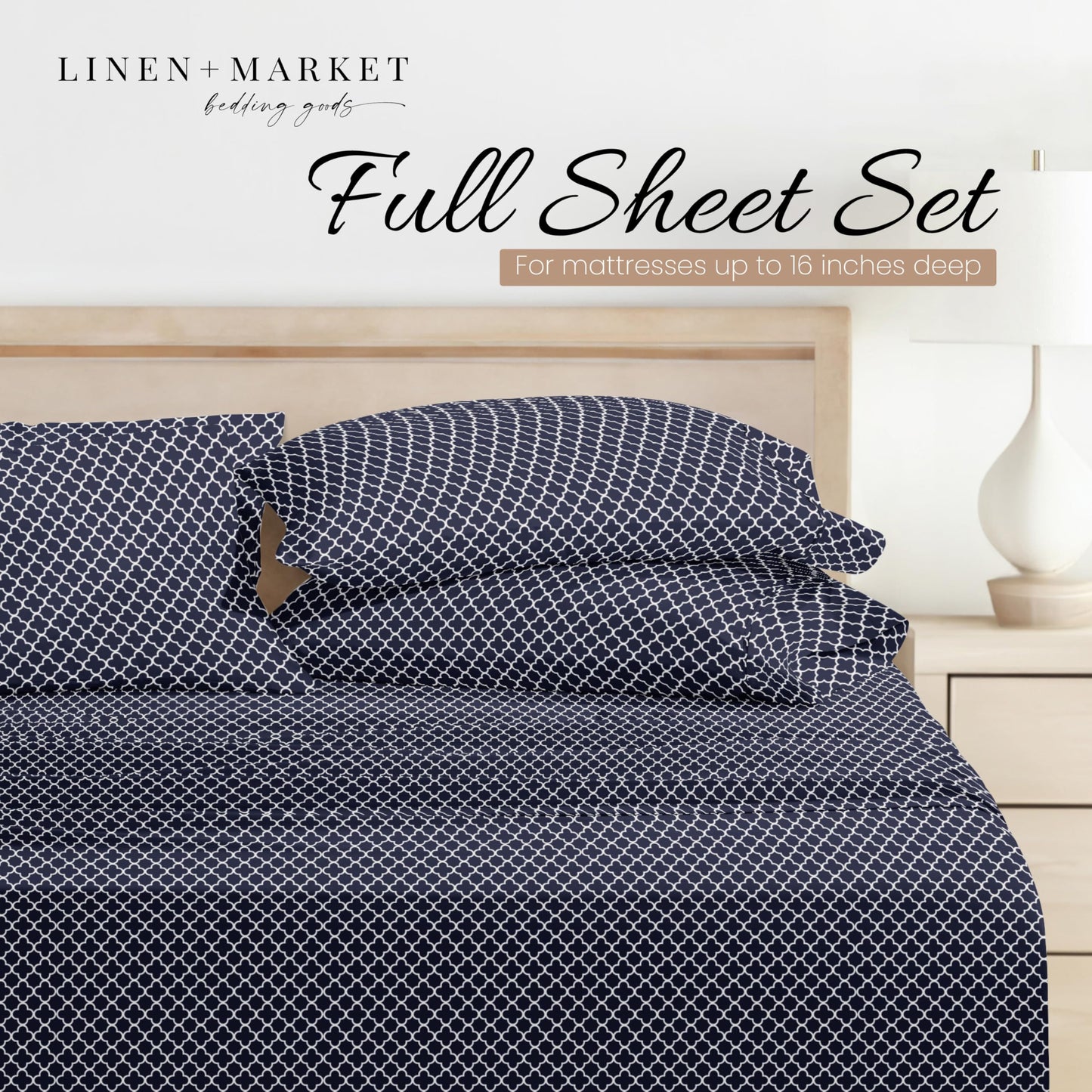 Linen Market Double-Brushed Patterned Microfiber Full Sheet Set 4 Piece – Oeko-TEX Certified Ultra Soft & Wrinkle-Free - 16" Deep Pocket Sheets - Easy Care Full Size - Quatrefoil Navy