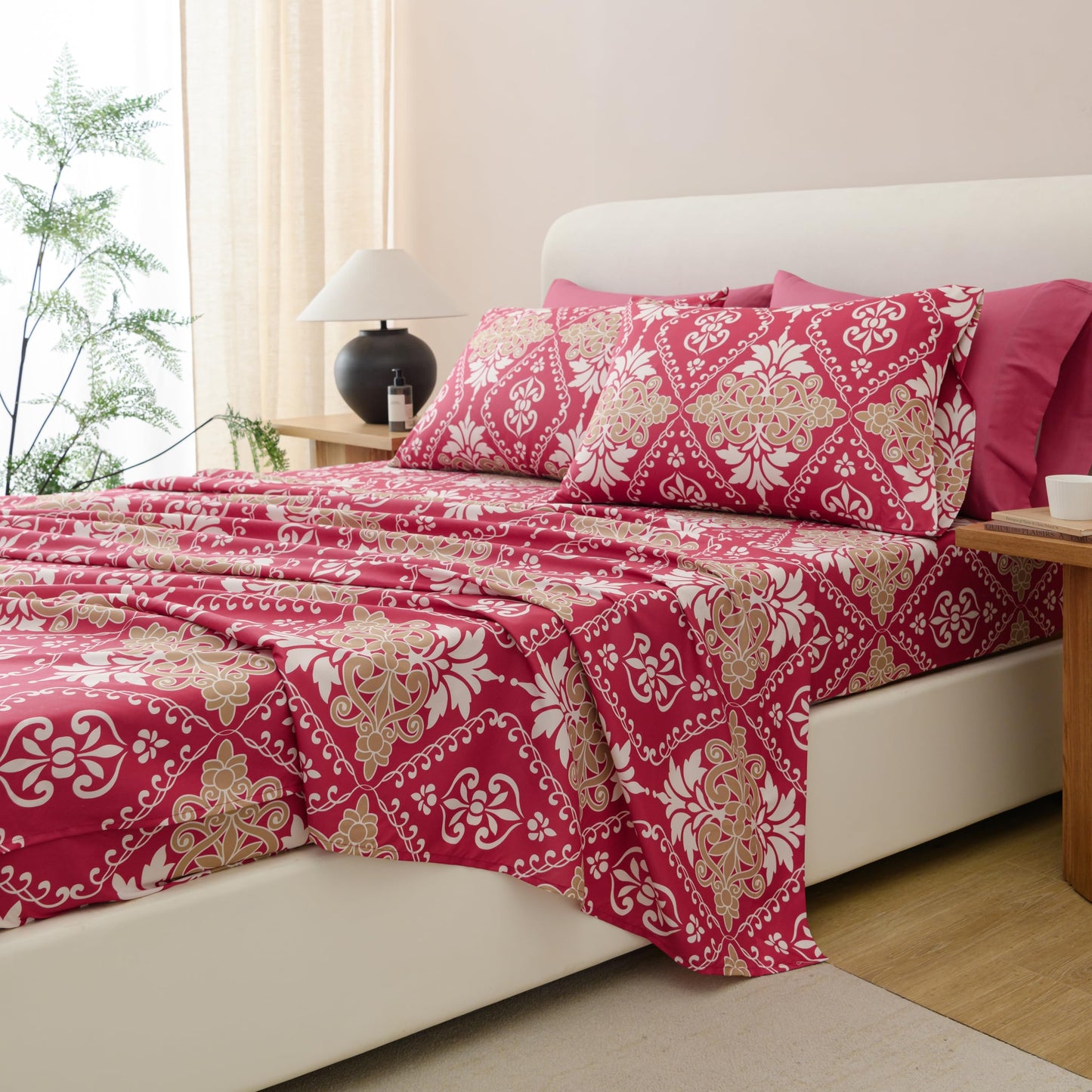 Spirit Linen home 6-Piece Twin Size Bed Sheet Set - Deep Pocket, Damask Print Design, Soft and Breathable Bed Sheets, Microfiber Material, Includes 1 Fitted, 1 Flat, 4 Pillowcases - Burgundy Damask