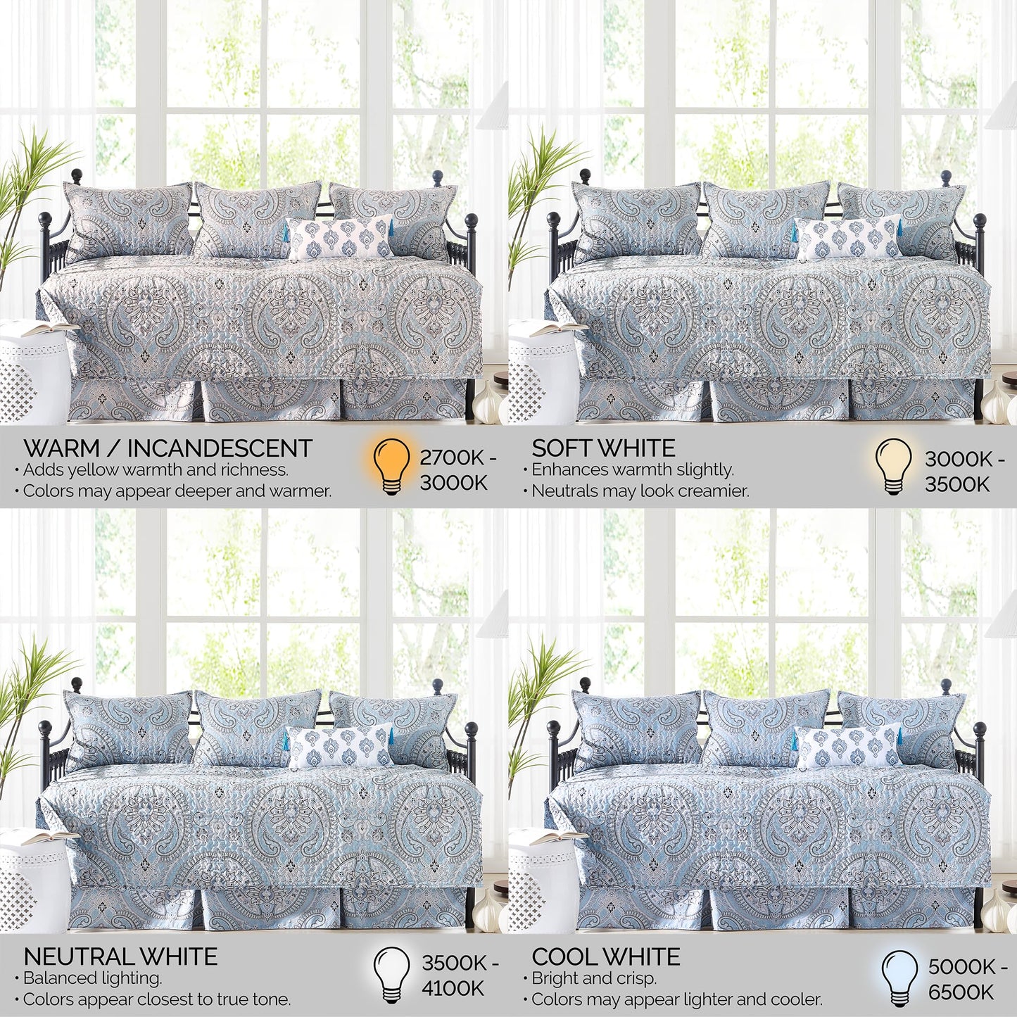 Southshore Fine Living, Inc. Twin Daybed Covers, Boho Bedding Set, Boho Daybed Cover Set, 3 Pillow Shams, 1 Bedskirt, 1 Throw Pillow - Twin Day Bed Covers, Day Bed Bedding Sets, Pure Melody Aqua