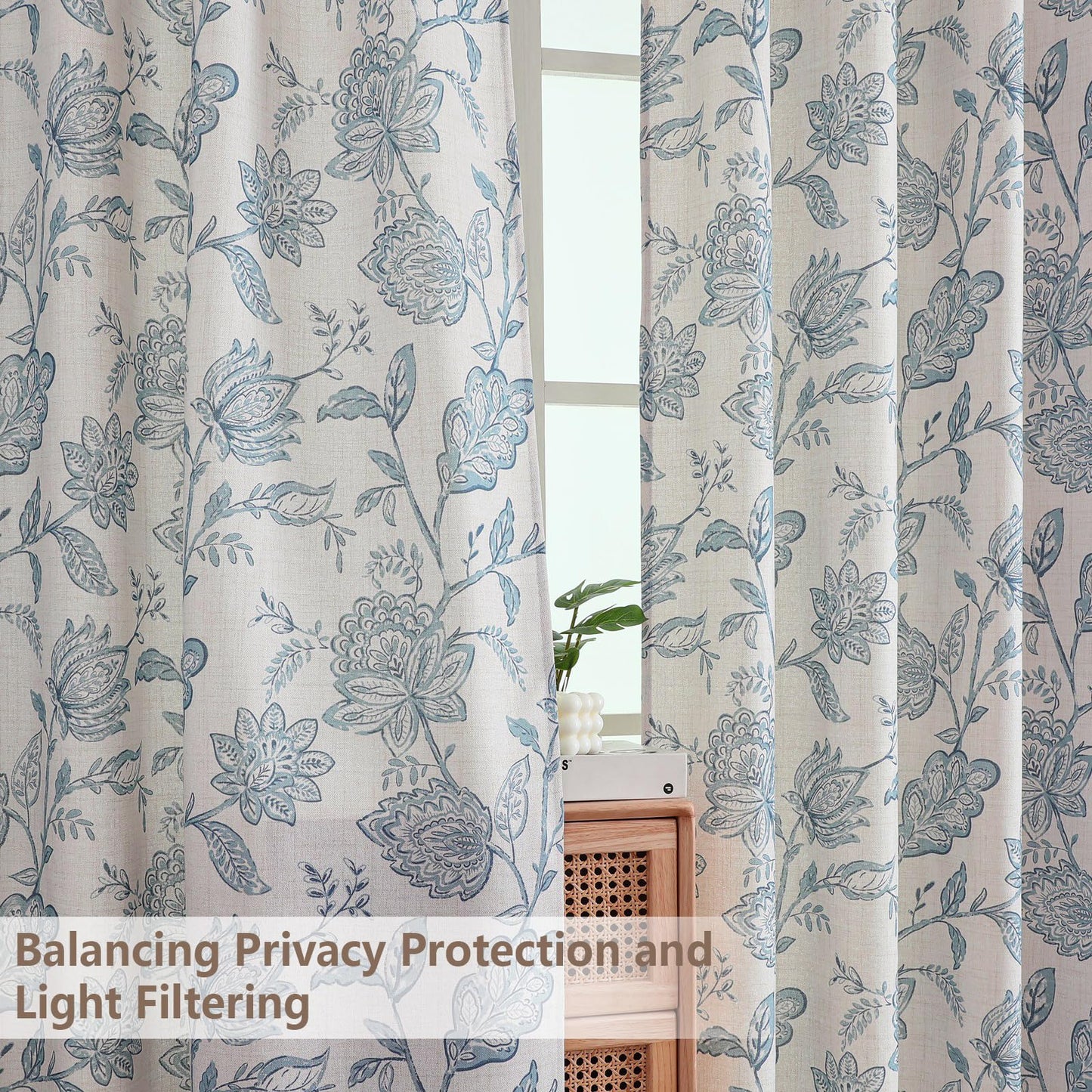 Ebesto Floral Curtains 63 Inch Length - Light Filtering Faux Linen Flower Printed Window Curtains for Bedroom, Rod Pocket No-See Through Privacy Drapes, 2 Panels, Each 40Wx63L Inches, Dusty Blue