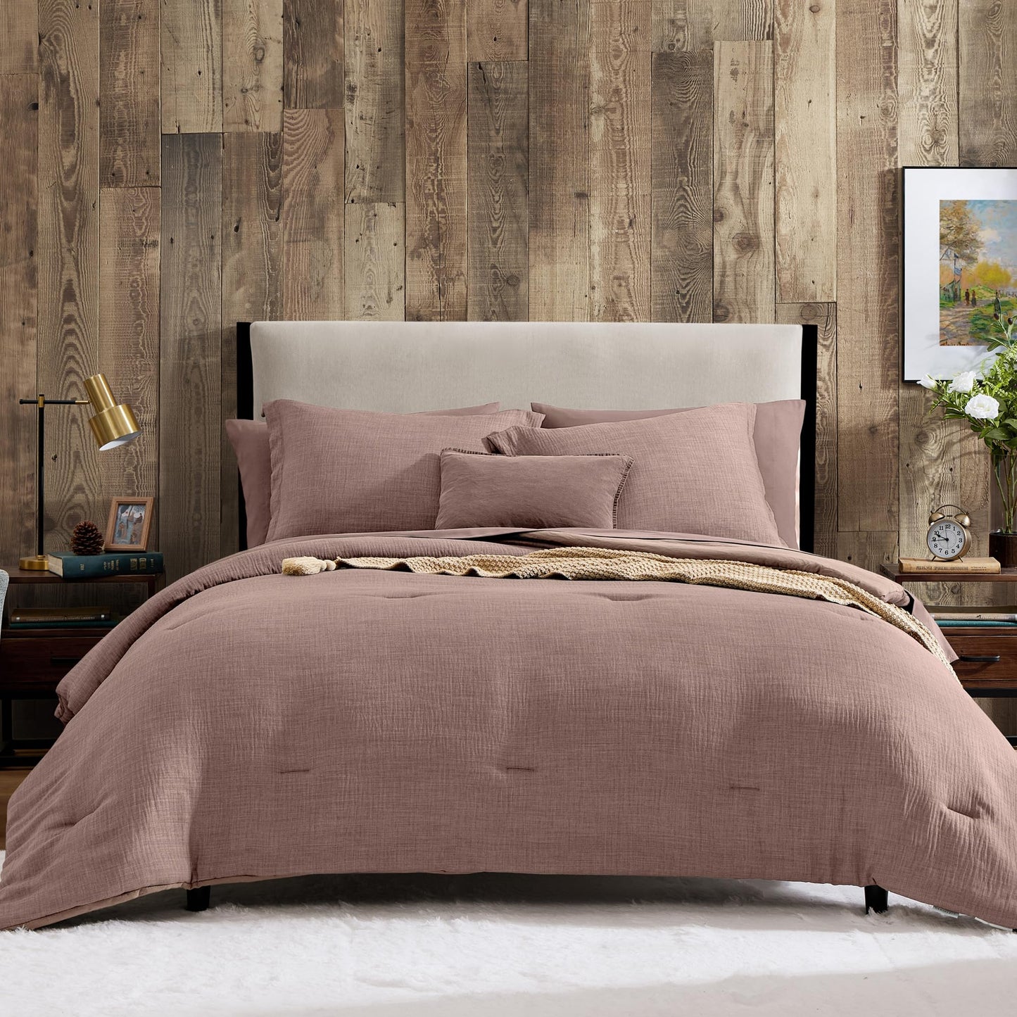 Geniospin Queen Comforter Set - 7 Pieces Comforter Queen Size, Soft Solid Bedding Set for All Season, Textured Bed in a Bag with Sheets, Pillowcases & Shams (Misty Rose, 90''x90'')