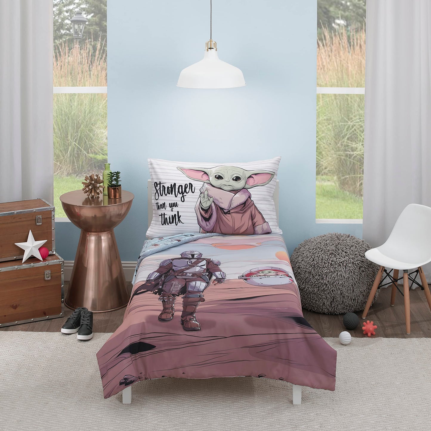 Disney Star Wars The Mandalorian Grey, Tan and Blue 4 Piece Toddler Bed Set - Comforter, Fitted Bottom Sheet, Flat Top Sheet, and Reversible Pillowcase