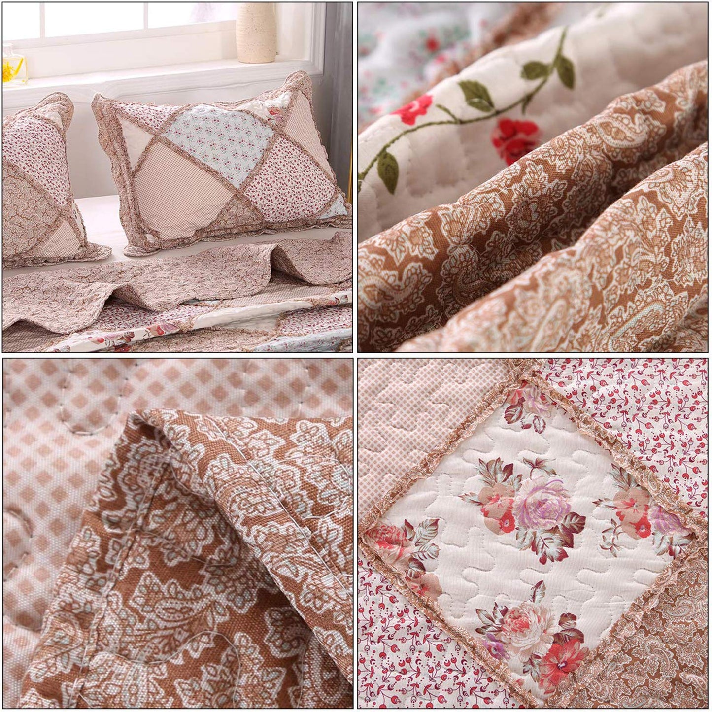 VIVILINEN Queen Size Quilt Set 3-Piece Light Pink Floral Patchwork Reversible Quilted Bedspread Coverlet Set Lightweight Comforter Bedding Set Bed Sheet Set Cover Blanket with 2 Pillow Shams