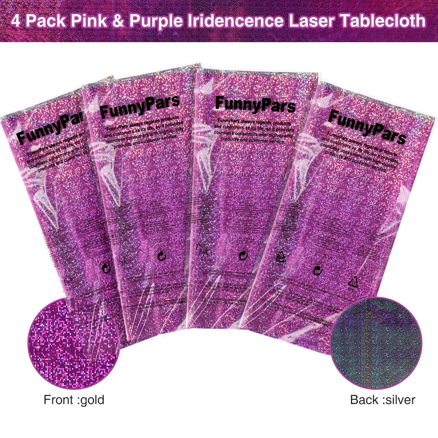 4 Pack Iridescence Plastic Tablecloths Shiny Disposable Laser Rectangle Table Covers Holographic Foil Tablecloth Iridescent Kpop Birthday Bridal Wedding Party Decoration, 54" x 108"(Pink & Purple)