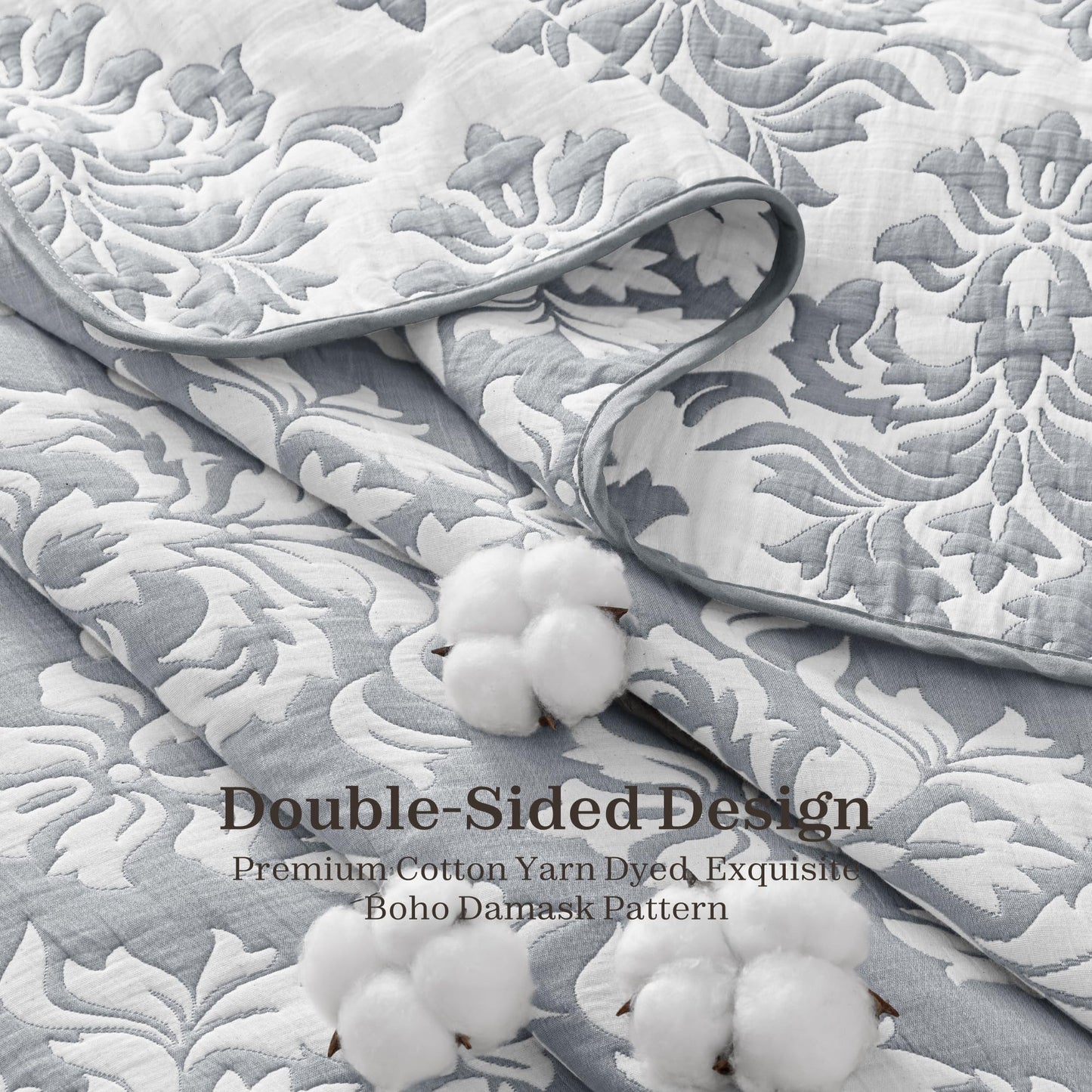 Exclusivo Mezcla Cotton Quilts King Size Grey, Soft Lightweight Bedspread Breathable Prewashed Bed Coverlet with 2 Pillow Shams, Boho Pattern Yarn Dyed Muslin Quilt Bedding Set for All Seasons
