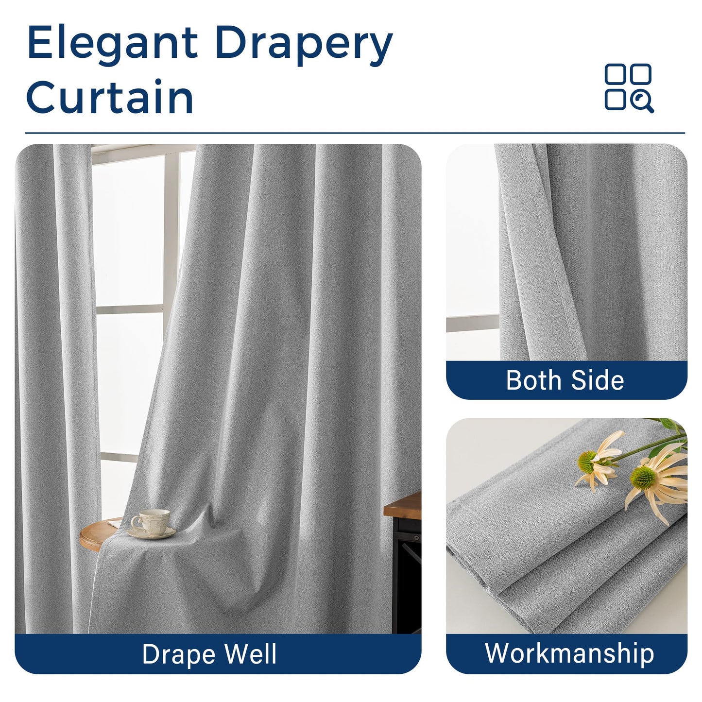 Sinotalent 100% Blackout Curtains for Bedroom Living Room 63 Inches Long 2 Panels, Linen Textured Grommet Room Darkening Curtain, Thermal Insulation Light Blocking Drapes. (Grey, 35”W x 63”L)