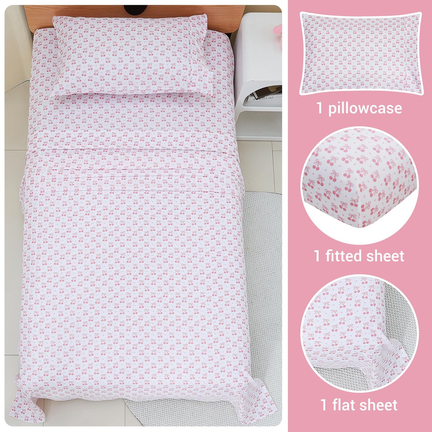 Viviland 3 Pieces Girls Pink Twin Sheet Set - Soft Microfiber Fitted Flat Sheets & Pillowcase - Pink Cherry Bow Print Bedding Sets - for Kids & Toddlers