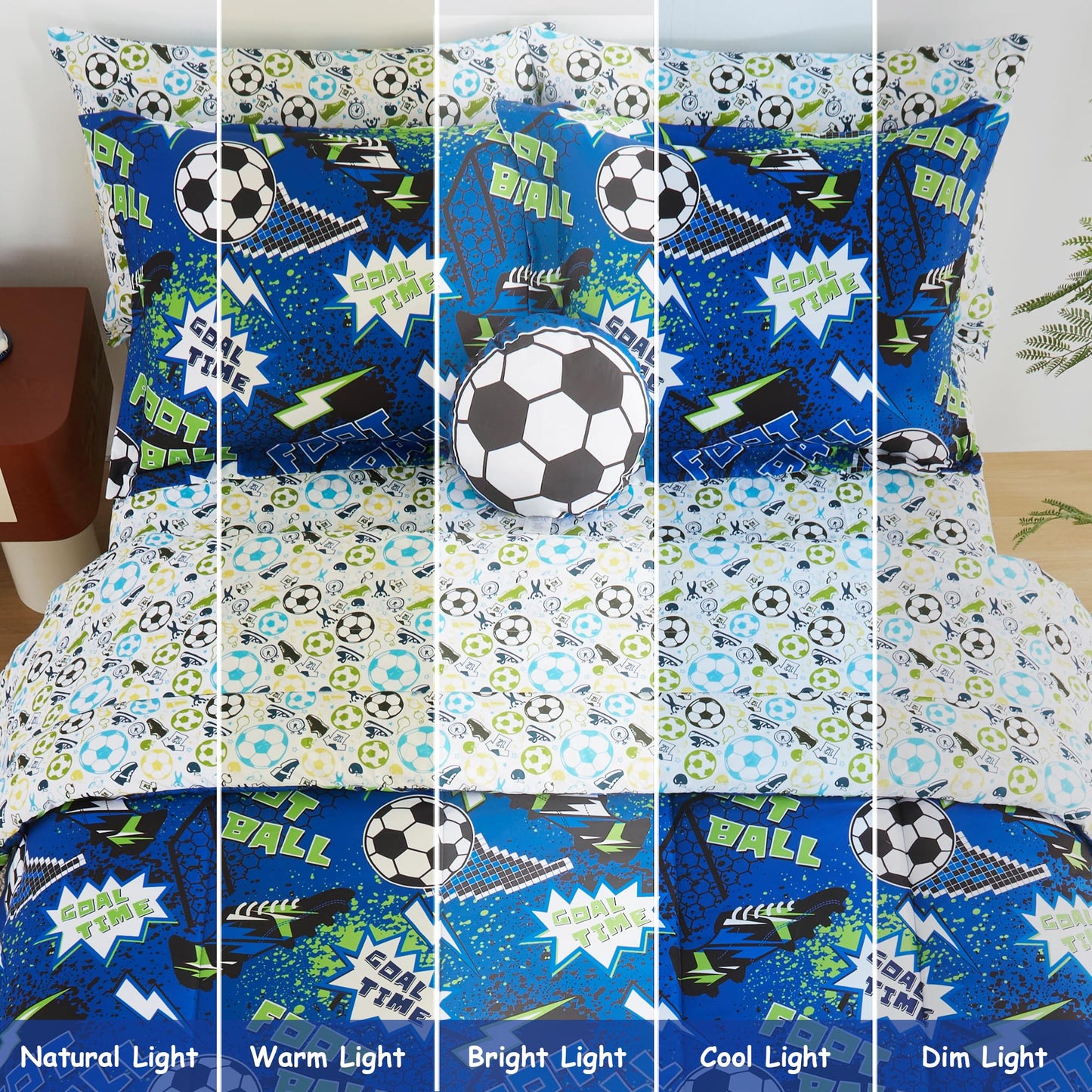 Mooreeke Kids Twin Comforter Sets for Boys 6 Pieces Cool Football Bedding Set for Teens Microfiber Blue Green Soccer Kids Bed in A Bag with Comforter, Sheet Set, Shams and Decorative Toy Pillow