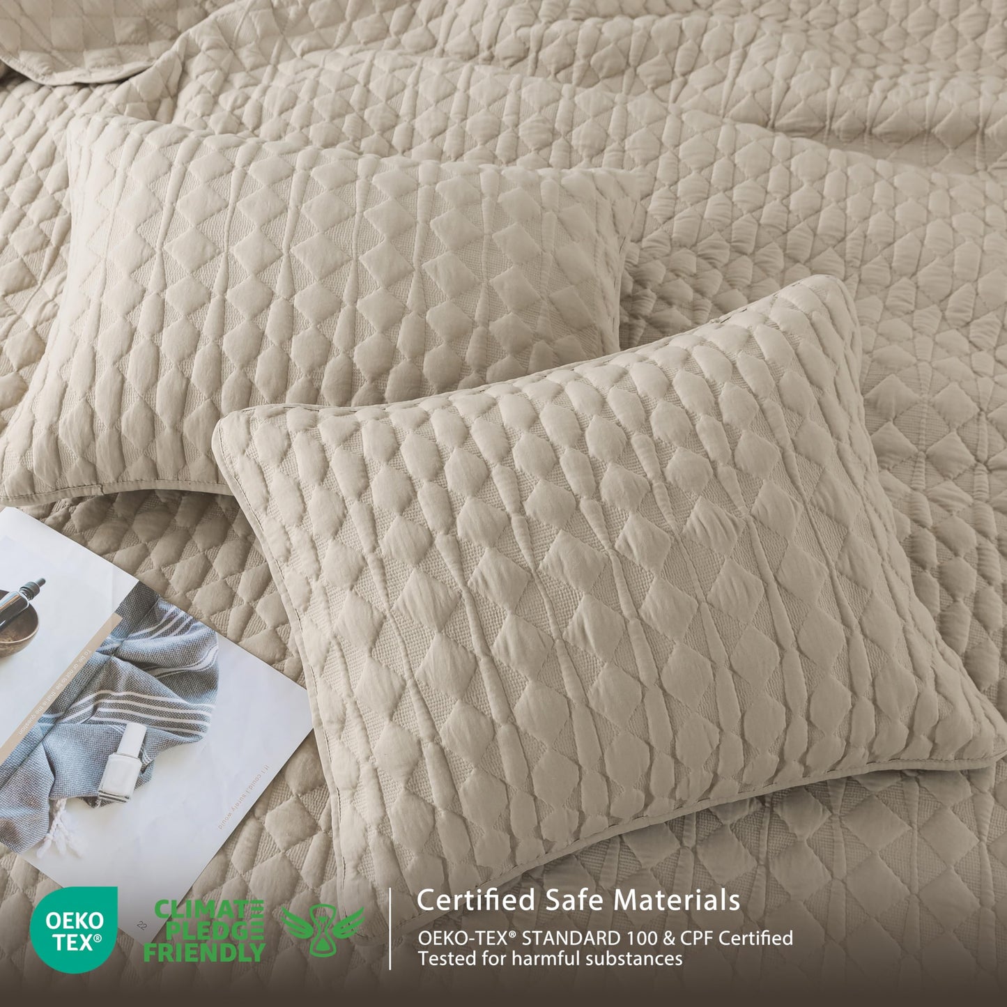 Beige Quilt King Size Bedding Sets with Pillow Shams, Lightweight Soft Bedspread Coverlet, Quilted Blanket Thin Comforter Bed Cover, All Season Summer Spring, Tan Cream, 3 Pieces, 104x90 inches