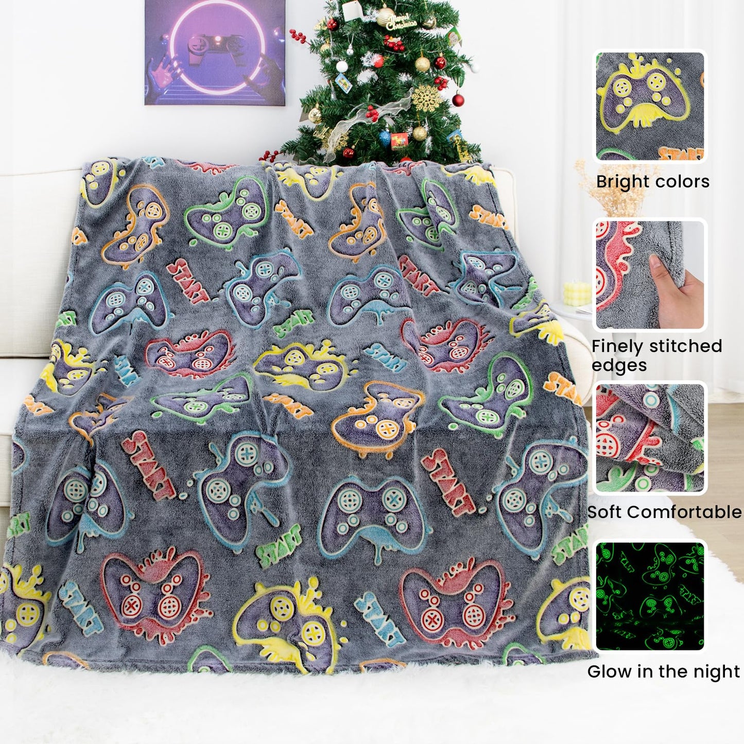 OHOIT Gamer Gifts for Teen Boys, Glow in The Dark Gaming Blanket for Kids, Graduation Gifts for 8 9 10 11 12 Year Old Boys, Game Room Decor for Men Son Boyfriend Birthday Christmas 50"x60"