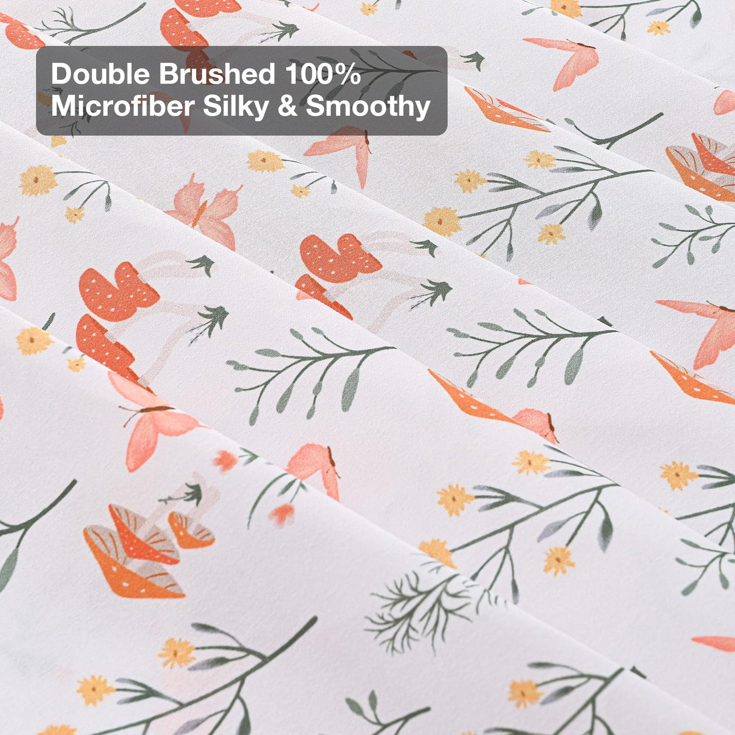 Viviland Mushroom Twin Sheet Set - 4 Piece Vintage Butterfly Flower Patterned Bed Sheets - Soft, Breathable Microfiber Floral Sheets with Deep Pocket, Non-Slip Fitted Sheets & Pillowcases