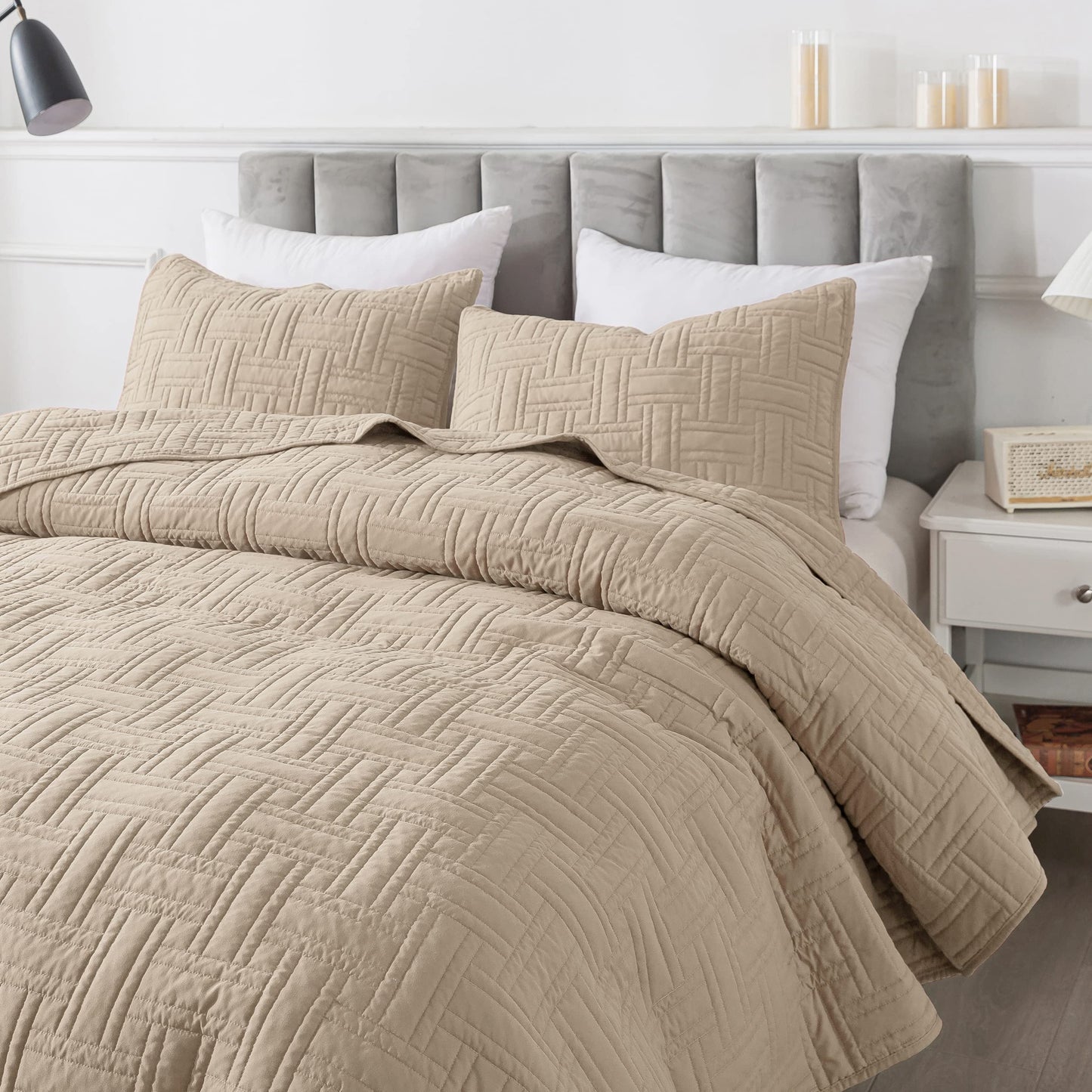 Beige Quilt Queen Size Bedding Sets with Pillow Shams, Cream Tan Lightweight Soft Bedspread Coverlet, Basket Weave Quilted Blanket Thin Comforter Bed Cover for All Season, 3 Pieces, 90x90 inches