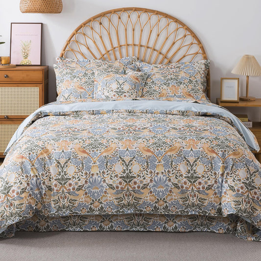 FADFAY Blue Sage Green Floral Duvet Cover Set King/Cal King, 3 Piece 100% Cotton, Reversible Botanical Bird Bedding, Vintage Cottagecore Style, Zipper Closure, Flanged Pillowcases Soft Breathable
