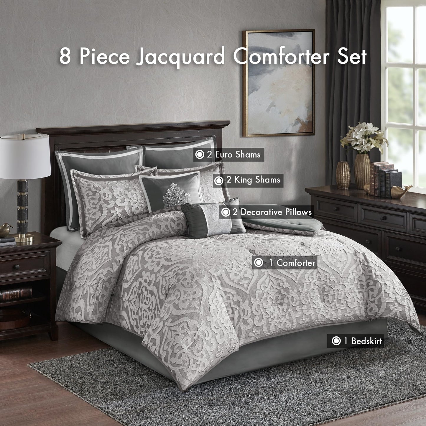 Madison Park Odette Cozy Comforter Set Jacquard Damask Medallion Design - Modern All Season, Down Alternative Bedding, Shams, Decorative Pillows, King(104 in x 92 in), Silver 8 Piece