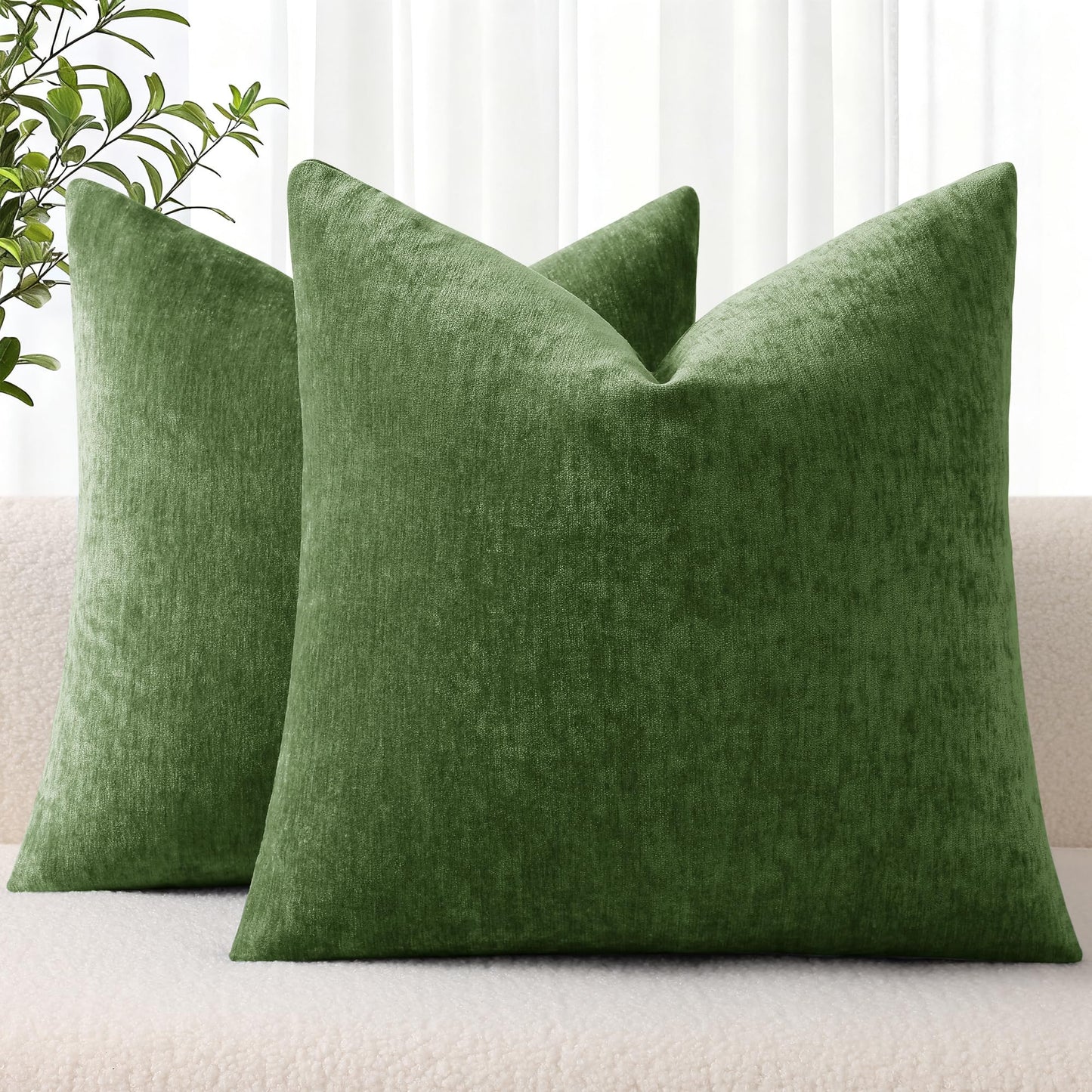 decorUhome Chenille Moss Green Throw Pillow Covers 18x18 Inch Set of 2, Decorative Soft Couch Pillow Covers Solid Dyed Accent Farmhouse Neutral Square Pillow Cases for Sofa
