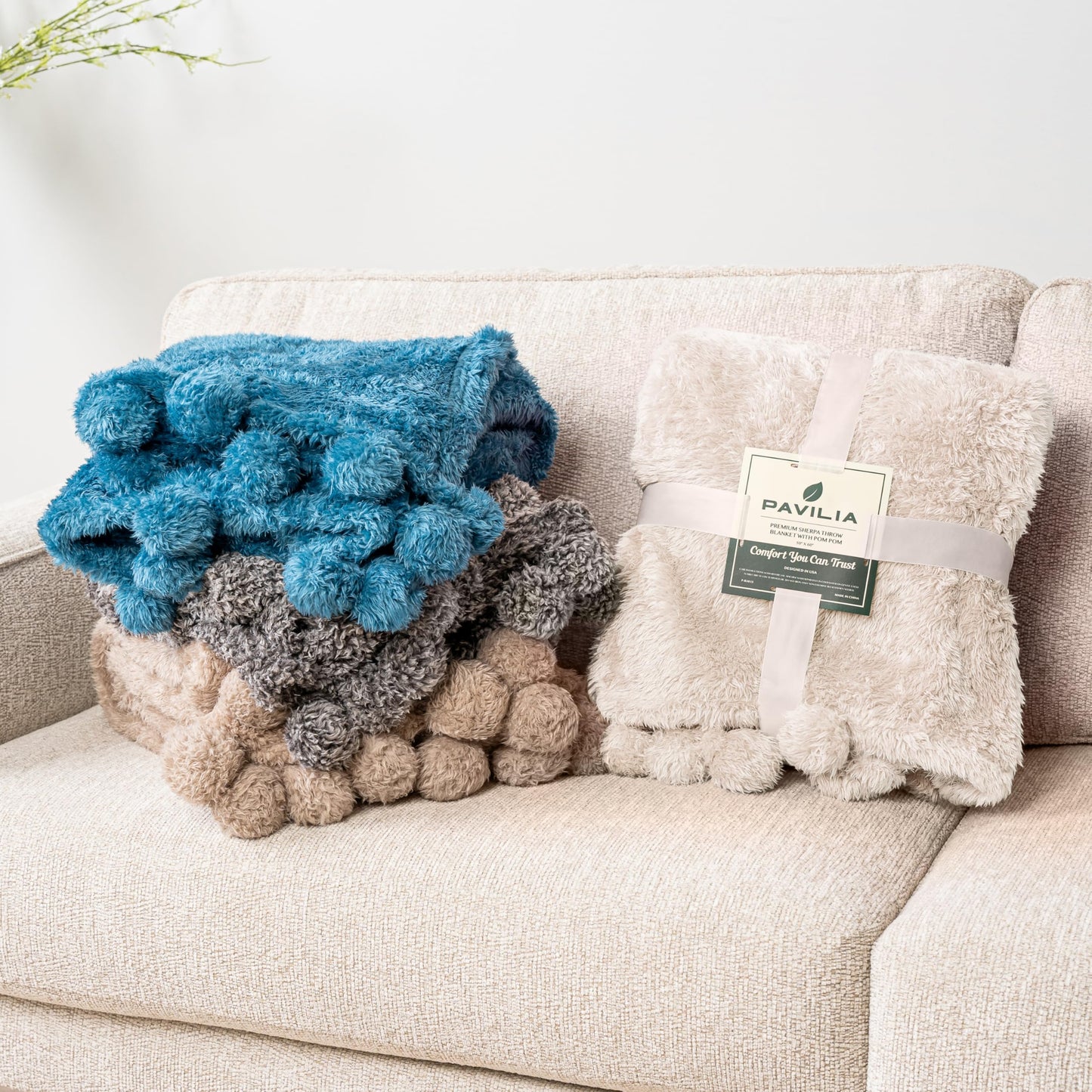 PAVILIA Pom Pom Throw Blanket for Couch, Soft Sherpa Blanket with Pompom, Warm Fluffy Plush Throw for Bed Sofa, Lightweight Decorative Gift for Women Mom Her, Beige, 50x60