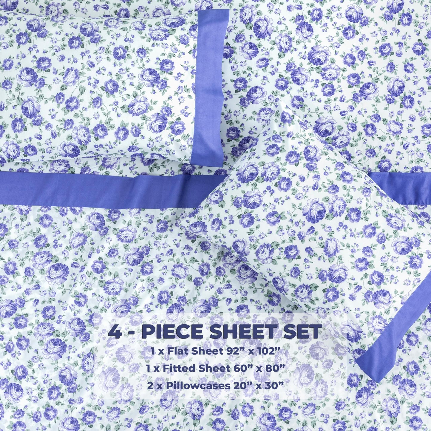 Dreamology Queen Sheet Set,4 Pieces Microfiber Sheet, Printed Sheet Set with Solid Cuffed Detail, Includes 1 Flat Sheet,1 Deep Pocket Fitted Sheet and 2 Pillowcases, Queen Bed Sheets (Purple Blossom)