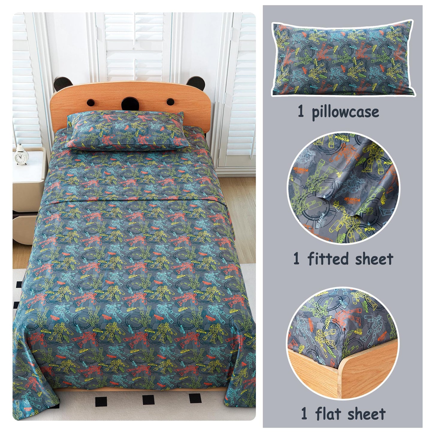 Softan Kids Bed Sheet Set, 3-Piece Twin Sheets Set, Microfiber Fitted Sheet with 15 Inches Deep Pocket and Corner Straps, Breathable & Silky Soft Linear Robot Printed Sheet and Pillowcase Sets