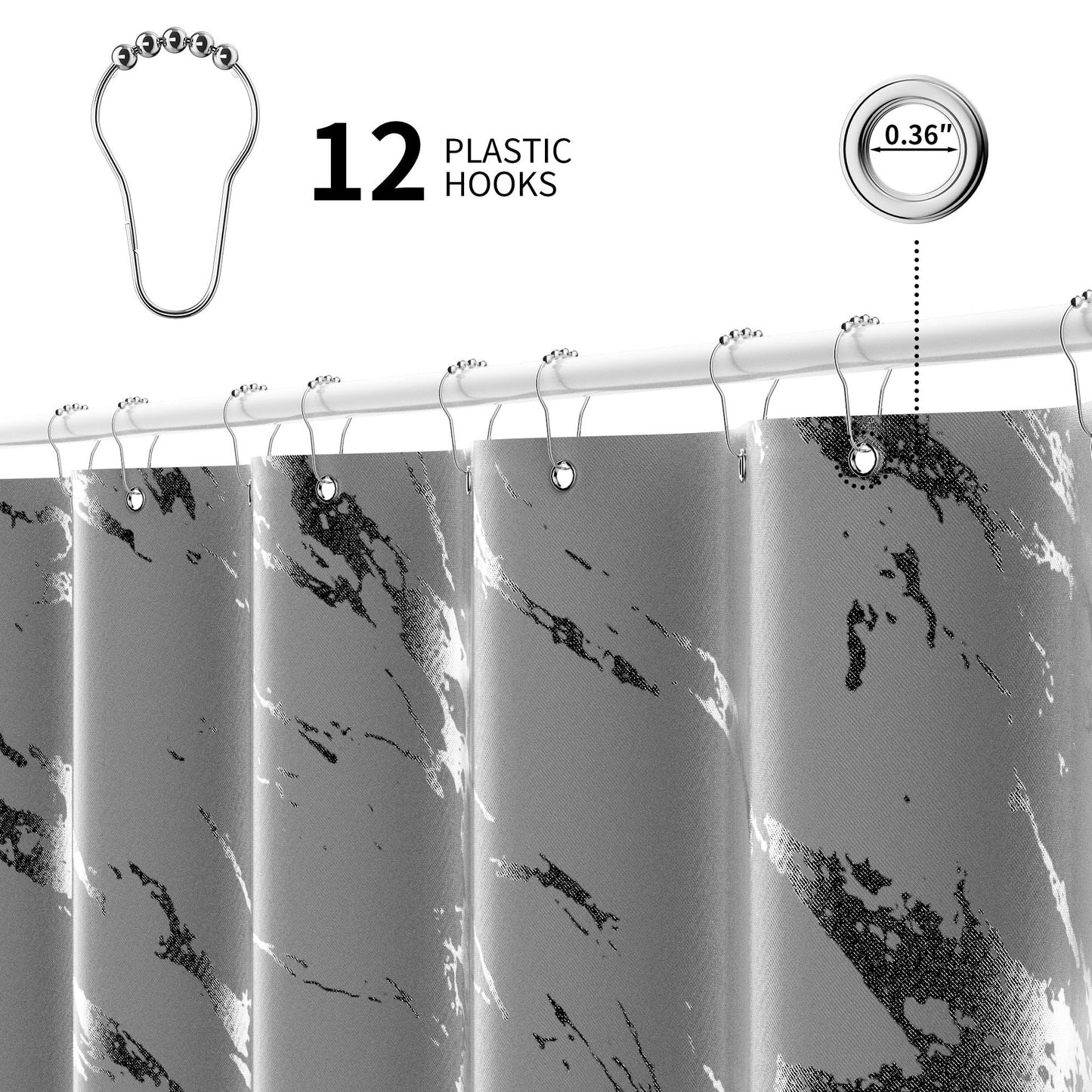 Yiwshcut Gray Marble Shower Curtain Set with Silver Metal Hooks, Fabric Shower Curtain for Bathroom, Modern Luxury Bathroom Curtain, Water-Resistant Polyester Bath Curtain, 72 x 72 Inches