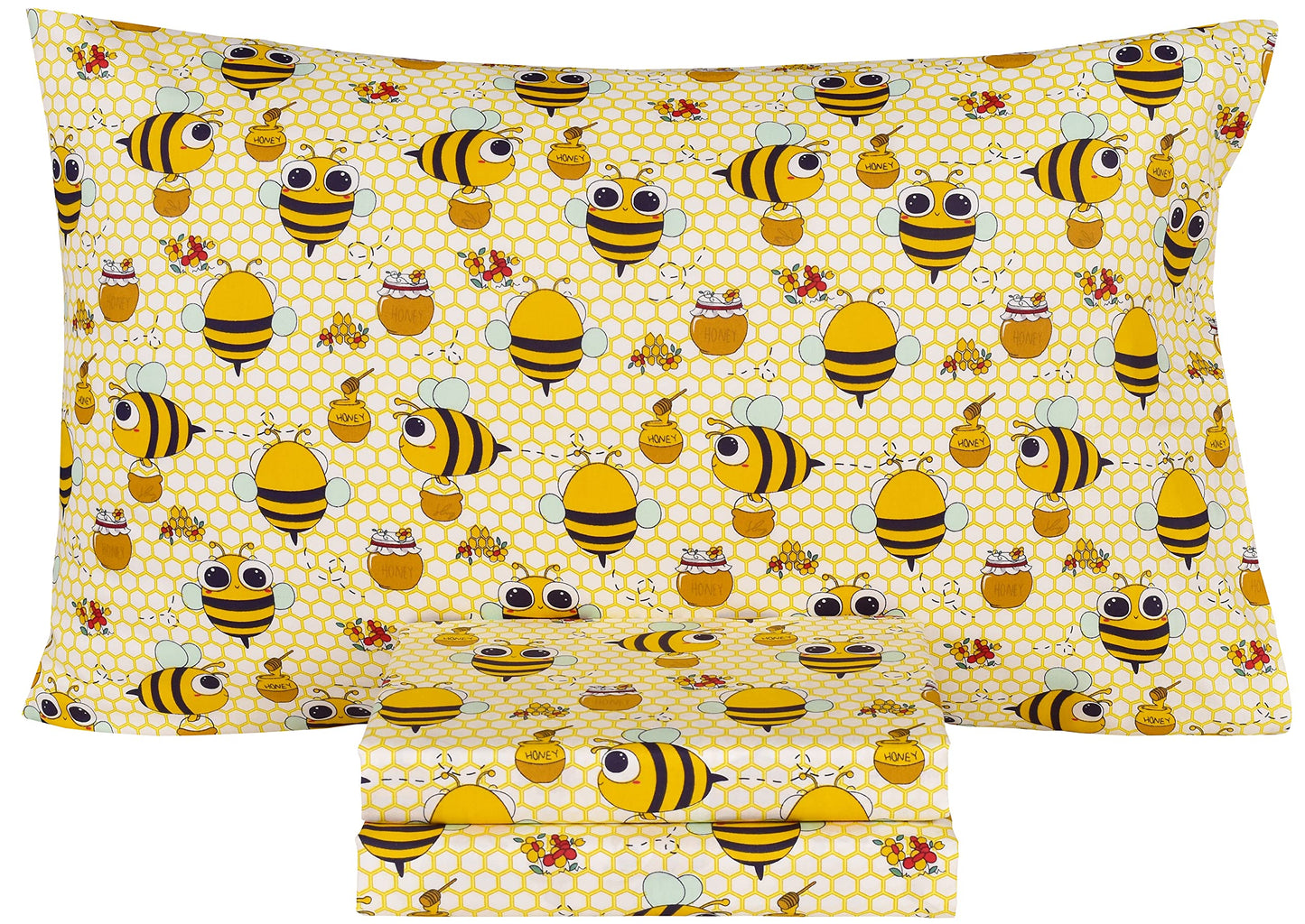 Scientific Sleep Yellow Bee Honey 100% Cotton Cozy Twin Bed Sheet Set, Flat Sheet & Fitted Sheet & Pillowcase Kids Boys Girls Bedding Set (Yellow, Twin)