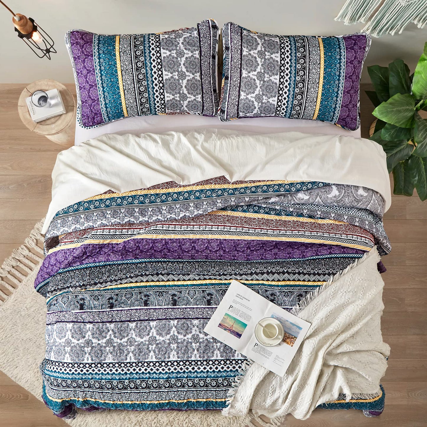 WONGS BEDDING Boho Quilt Set King Size, Purple Bohemian 3 Pieces Quilt Sets, Lightweight Bedspread Coverlet Bedding Set for All Season (103"x90")