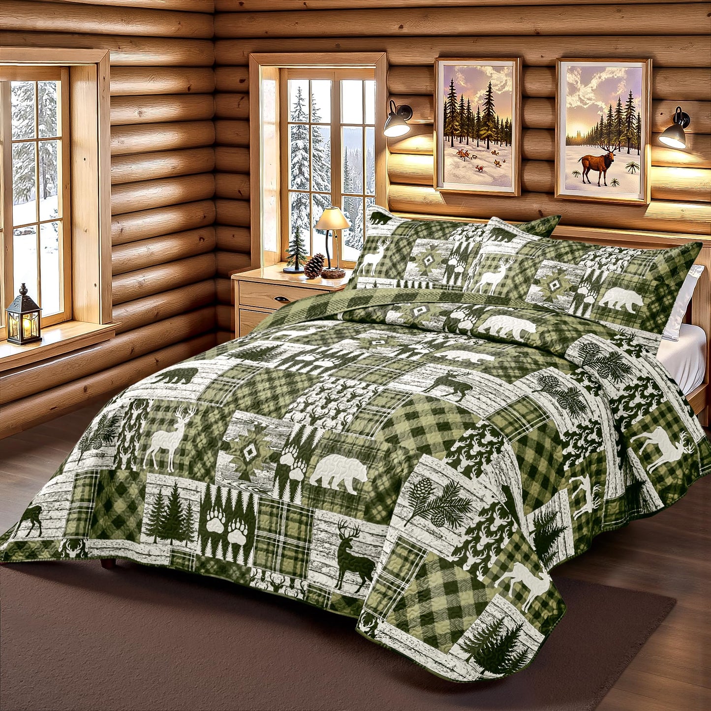 3 Piece Cabin Full/Queen Quilt Sets Farmhouse Rustic Reversible Microfiber Soft Lightweight Bedspread Comforter with 2 Shams Patchwork Country Lodge Bedding Quilts Set for All Season, 90''x96'', Green