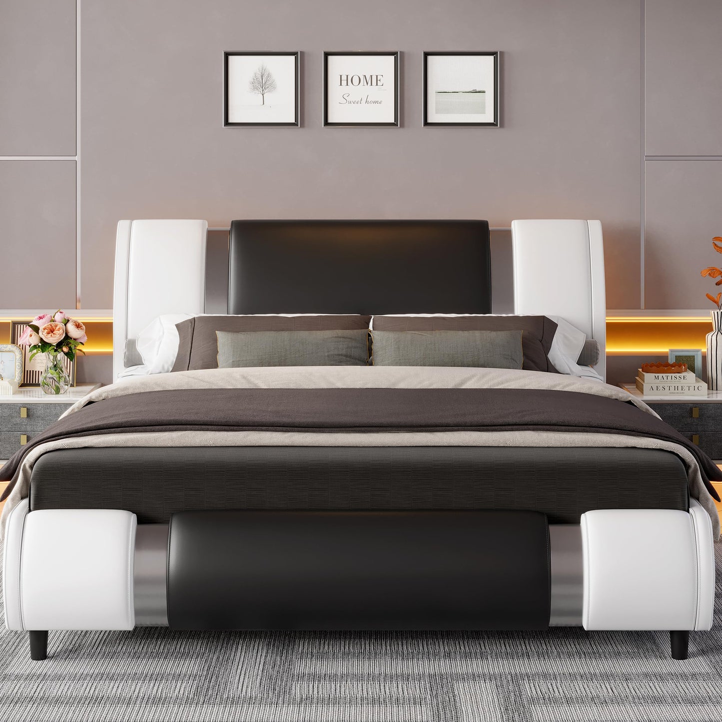 Keyluv Modern Queen Size Bed Frame with Mirror Metal Decoration, Faux Leather Upholstered Platform Bed with Curved Headboard, Wooden Slats Support, No Box Spring Needed, WhiteBlack
