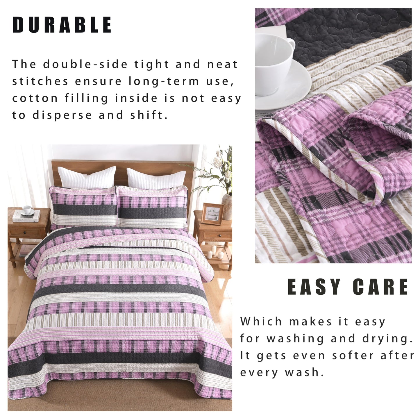 Homzard Queen Size Comforter Set，Cotton Plaid Striped Quilts Queen Size，Pink Black Bedding Bedspread Set，Lightweight Reversible Coverlet All Season 3 Pieces