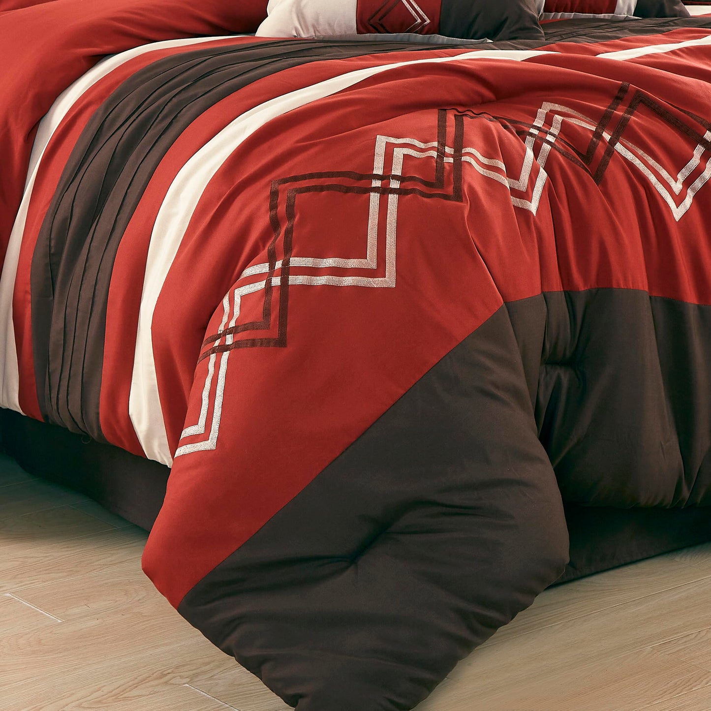 Chezmoi Collection Arden 7-Piece Modern Pleated Stripe Embroidered Zigzag Bedding Comforter Set (Queen, Spice/Brown/Coffee Cream)