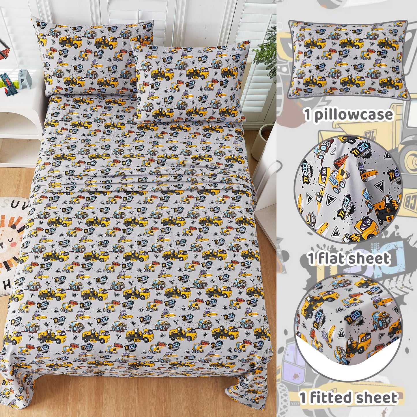Viviland 3 Pieces Boys Grey Truck Twin Sheet Set - Soft Microfiber Fitted Flat Sheets & Pillowcase Bed Sheet Set - Heavy Duty Vehicle Print Bedding Sets for Kids
