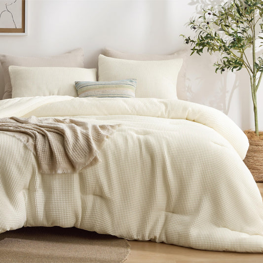 Bedsure Cream Queen Bedding Comforter Set, Waffle Breathable Bedding Set, All Season Comforter with 3 Pieces, 1 Waffle Weave Comforter (90"x90") and 2 Pillowcases (20"x26")