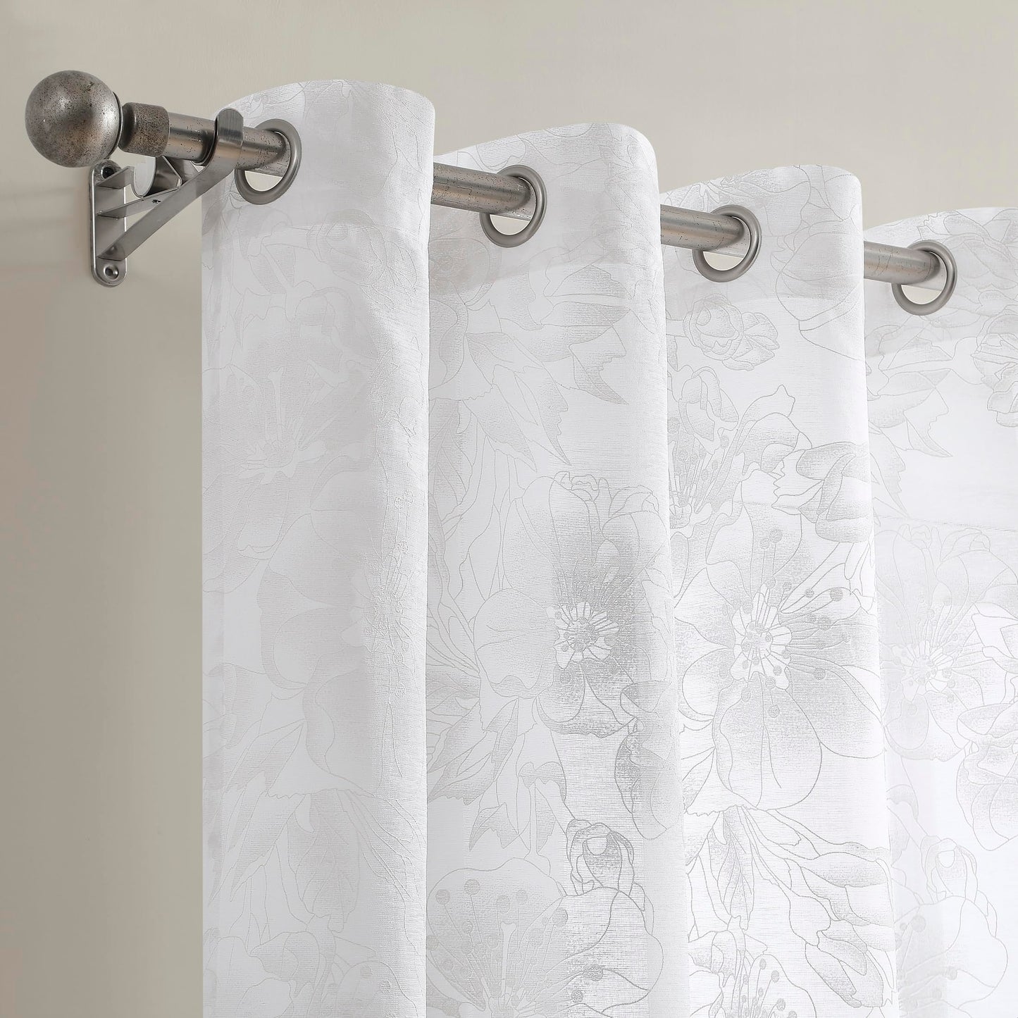 FL White 63 Inch Sheer Floral Curtains - Modern Farmhouse, Embroidered Flower Pattern for Country or French Decor