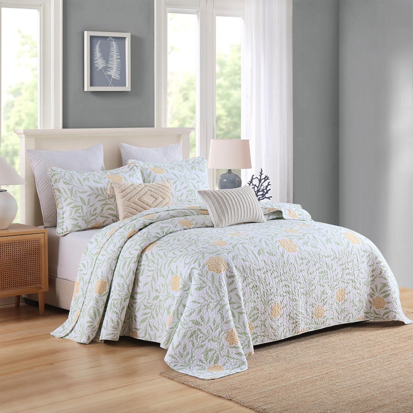 Homzard Queen Comforter Set for Bed Floral Quilt Queen size-100% Cotton Yellow,Green,sage Bedspreads (90 * 98 Inch) with 2 Pillow Shams, Lightweight Garden Bedding Spring and Summer Style