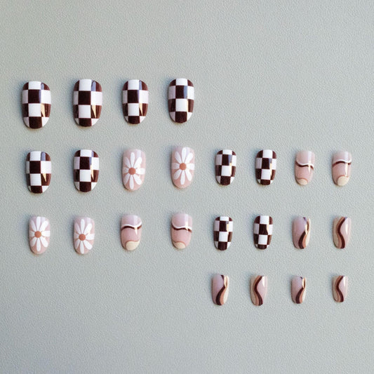 24Pcs Cute Press on Nails Short Almond Fake Nails Milk Coffee Color Chessboard Daisy Flowers Acrylic Design Reusable False Nails Glossy Full Cover Stick on Nails for Women Manicure Decor
