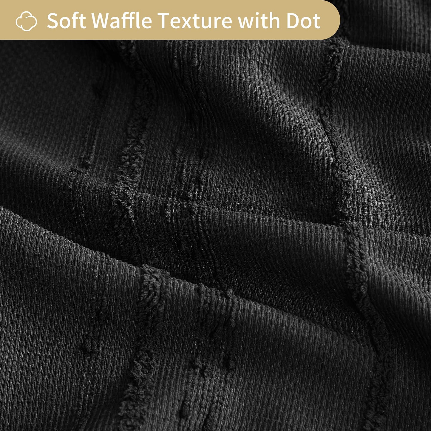 Lameirose Black Shower Curtain Boho, Cotton Blend Waffle Shower Curtains Textured, Fabric Shower Curtain for Bathroom, Hotel, Washable,72 x 72