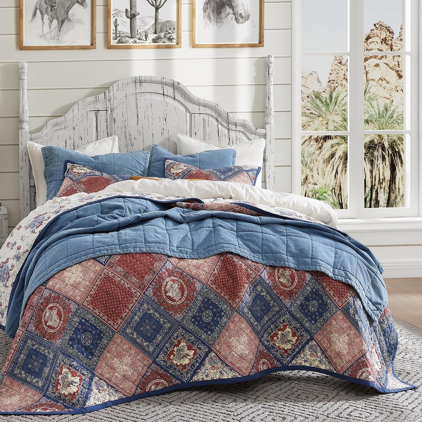 Paseo Road Tasha Polizzi Patchwork Bandana Western Bedding Sets, 3 Piece Queen Cotton Quilt Set, Red Blue Medallion Paisley Country Bedding, Reversible Floral Print Patchwork Quilt with Pillow Shams