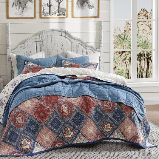 Paseo Road Tasha Polizzi Patchwork Bandana Western Bedding Sets, 3 Piece Queen Cotton Quilt Set, Red Blue Medallion Paisley Country Bedding, Reversible Floral Print Patchwork Quilt with Pillow Shams