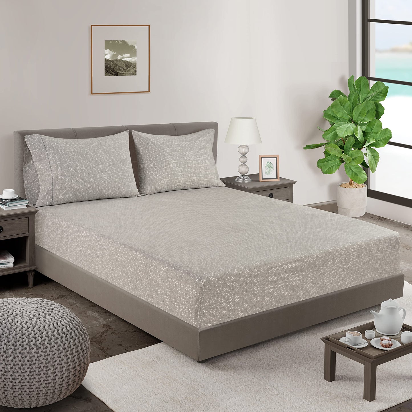 LANE LINEN 100% Organic Cotton Pillow Cases - King Size and Crisp Cool Percale Covers Sleeping Set of 2 Grey (White Dot)