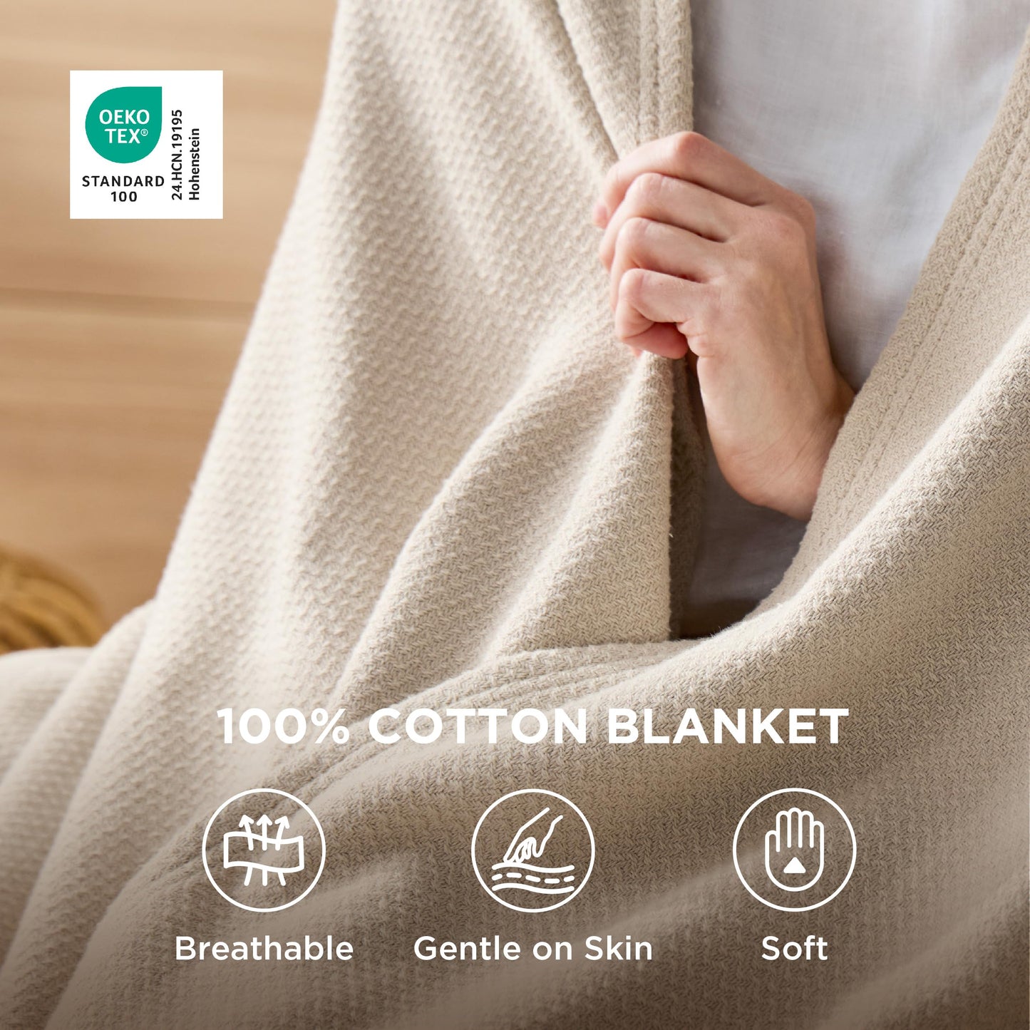 Bedsure GentleSoft 100% Cotton Blanket Queen Size for Bed - Cooling Breathable and Lightweight, Soft Cozy Textured Herringbone Woven Summer Blanket for Home Decor, Linen Beige, 90x90 inches