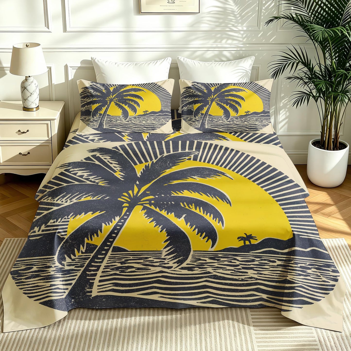 Tropical Palm Tree Bedding Set 4 Pcs Retro 70s Tiki Queen Sheets